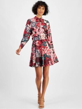 Women's Burgundy Long-Sleeve Floral Button-Front Dress